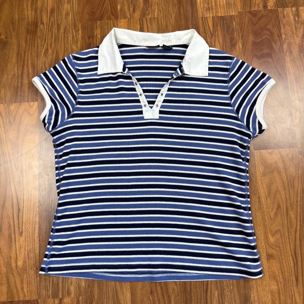 NorthCrest 90's Y2K Blue White Striped Short Sleeve Polo Shirt XL Preppy